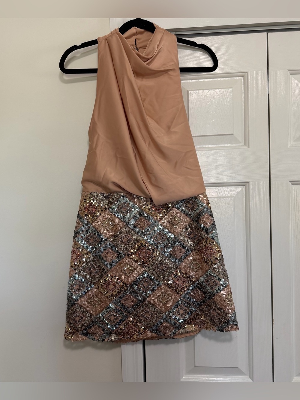 ASOS Silver Copper Swoop Neck Sequin Open Back Dress Size 8, NWT